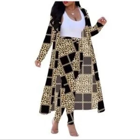 Gold and Black 2 Pc Lg Sleeve Open Front Cardigan & High Waist Pants Sz Large - Picture 1 of 5